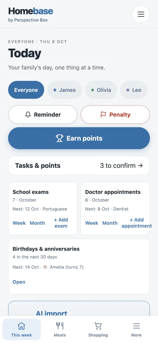 The family's Today screen on a phone: a filter for each person, buttons for a reminder, a penalty or points, tasks to confirm, the next exam and doctor appointment, and upcoming birthdays.